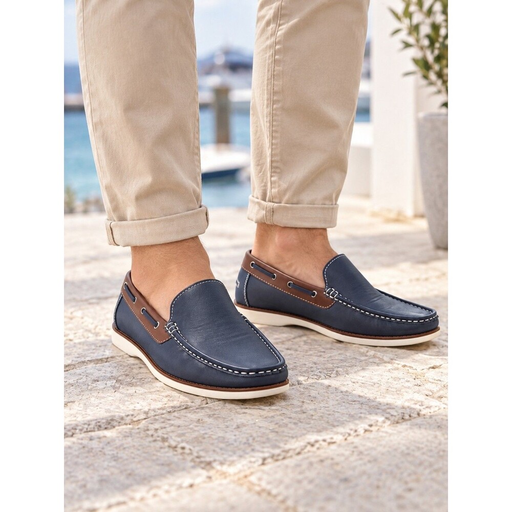 Xray Men’s Size 9 Navy Blue Brown Boat Shoes Slip-On Loafers Moc Toe Casual